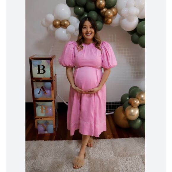 AJE Serendipity Cut Out Dress Musk Pink Puff Sleeve Women 4 Maxi Pockets - Picture 2 of 16